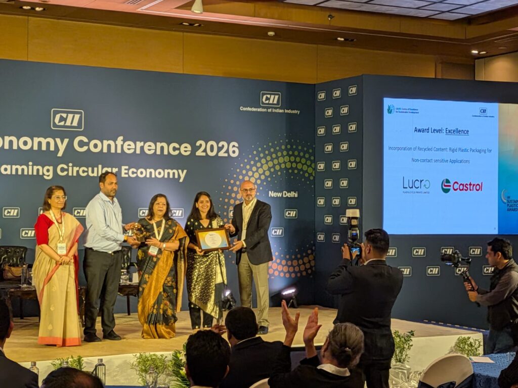 Lucro and Castrol India receiving the Excellence award for recycled content in rigid packaging